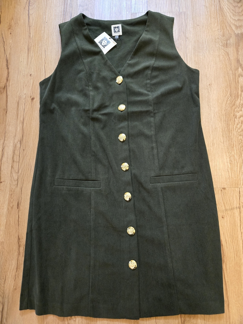 Anne Klein NWT Olive Green Corduroy Vest Dress, Sleeveless Button Front V-Neck M